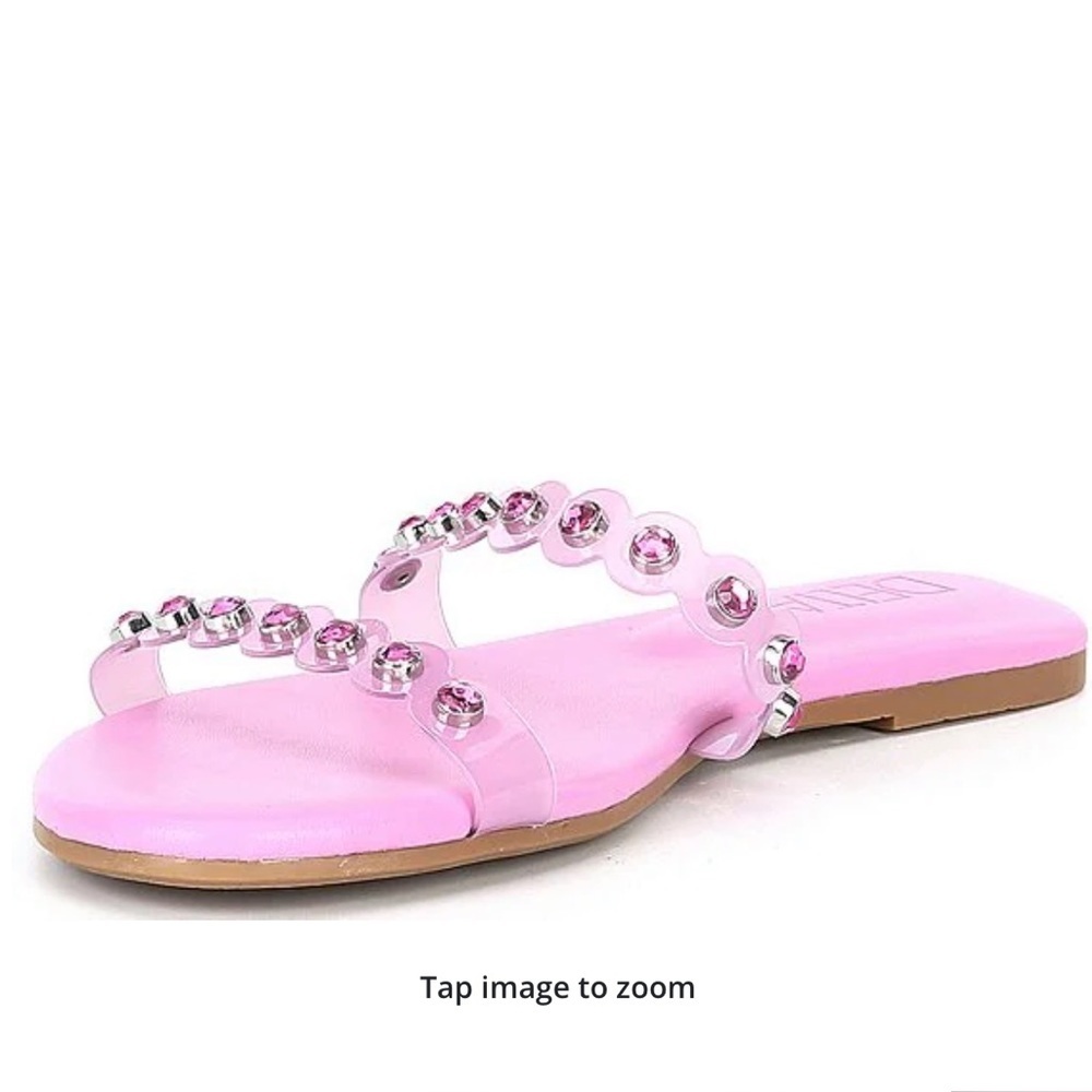 ✅Deltan Hollie Scallop Rhinestone Embellished Banded Slides in Exotic Magenta